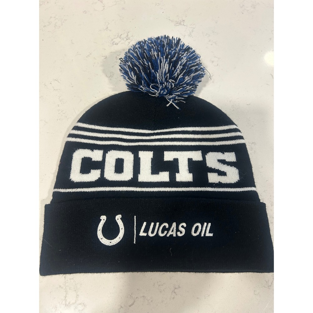 Indianapolis Colts Beanie Hat Black Blue Lucas Oil Pom Knit Cap NFL Football